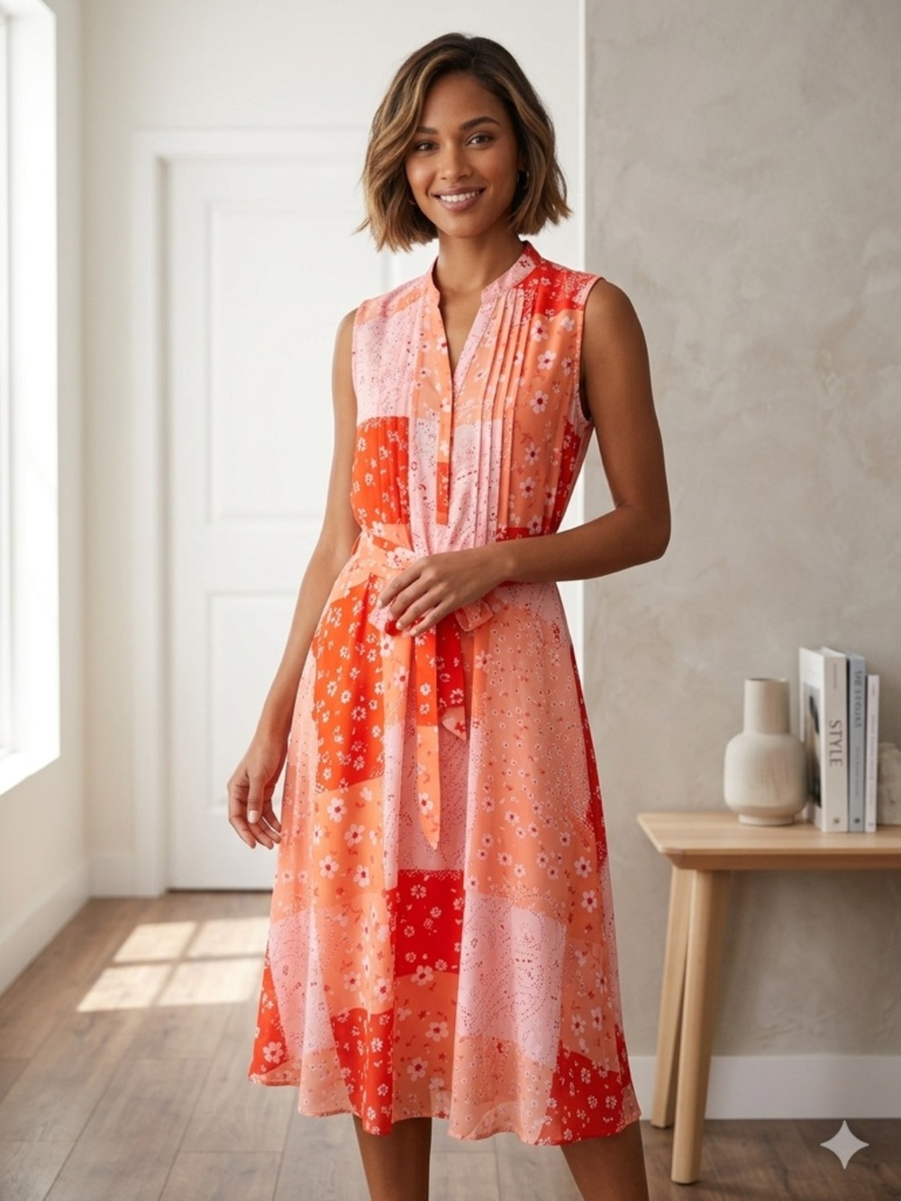 Nanette Lepore Coral and Pink Sleeveless Patchwork Midi Dress NWT $128.00